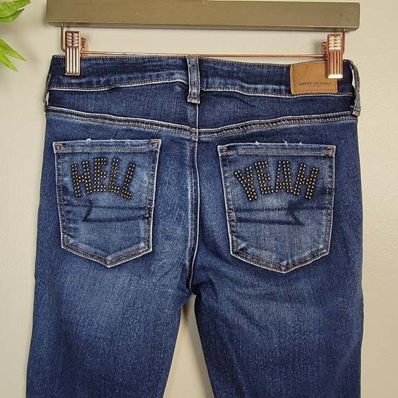 AE 4 Jegging Distressed Chewed Stud Studded Hell Yeah Jeans American Eagle Y2K - Picture 1 of 14